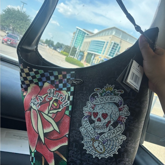 Ed Hardy Black and Red Shoulder Bag with Skull Design - Picture 1 of 1